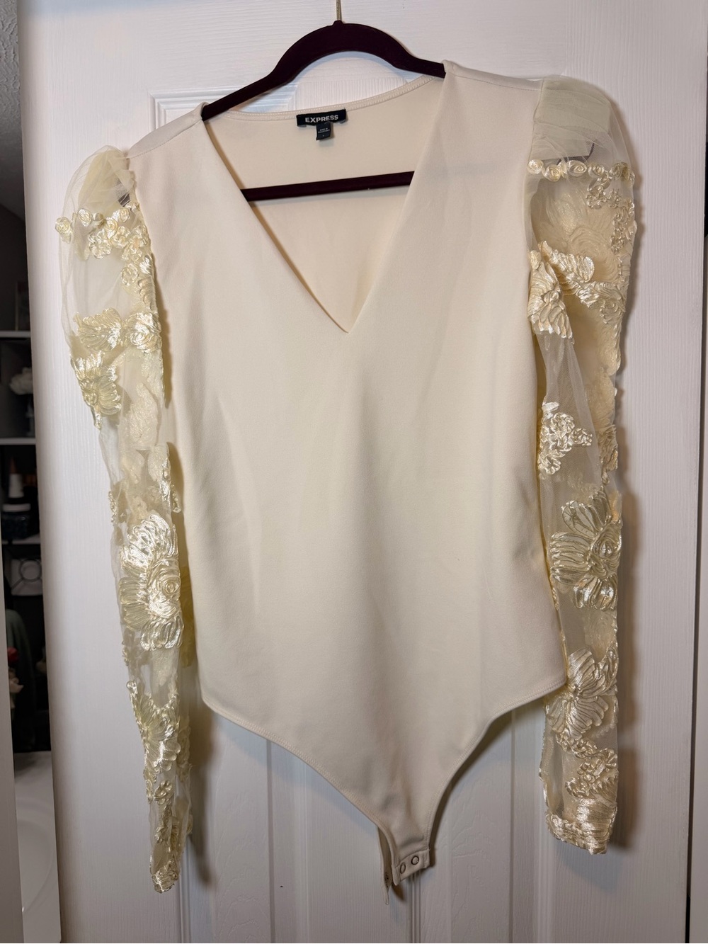 Express Ivory Floral-Appliqué Mesh Sleeve Bodysuit
